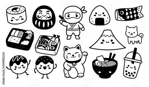 Cute kawaii Japanese doodle vector elements featuring cartoon sushi daruma doll mount fuji ninja and traditional food icons for playful asian lifestyle design