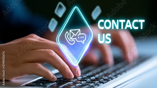 Professional contact us digital support button concept with glowing neon icons for customer service and online business communication.