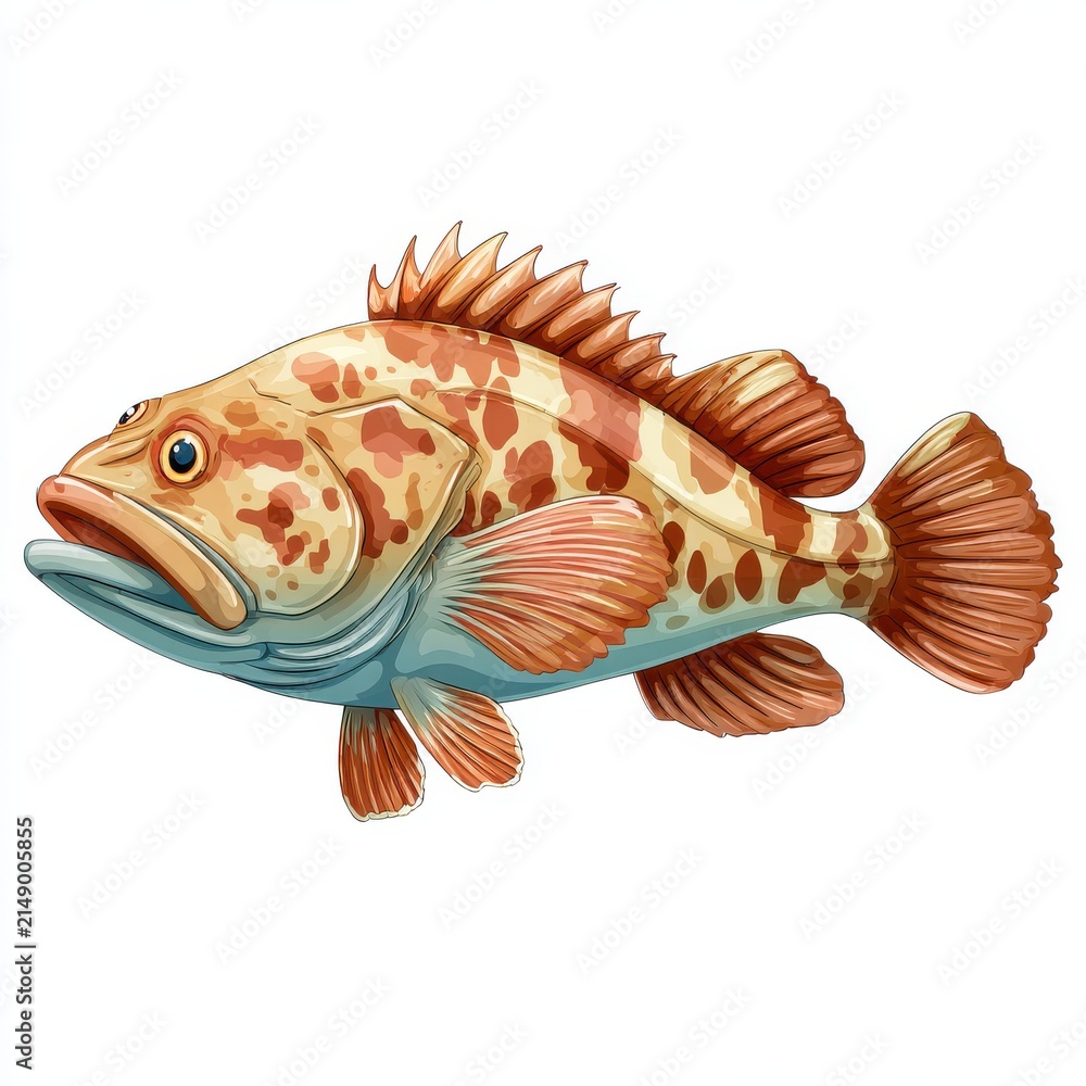Fototapeta premium Detailed Brown Spotted Grouper Fish Illustration On A Clean White Background