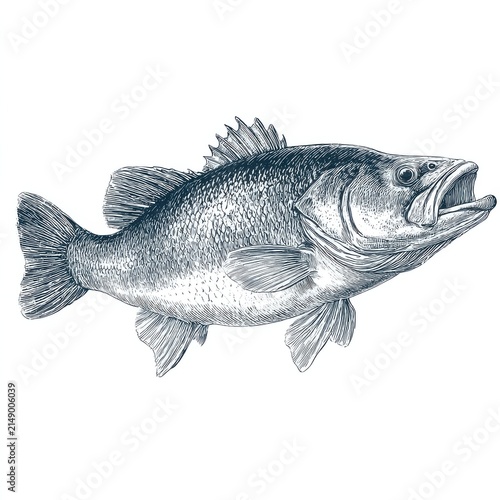 Detailed Hand Drawn Illustration Of A Large Bass Fish Isolated On A Plain White Background