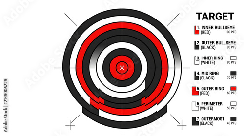 Circular Target With Red And Black Rings And White Center For Shooting Sports Accuracy