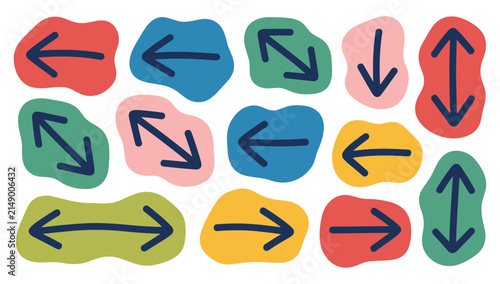 Set of hand drawn arrows in various directions on colorful abstract organic shapes isolated on a white background
