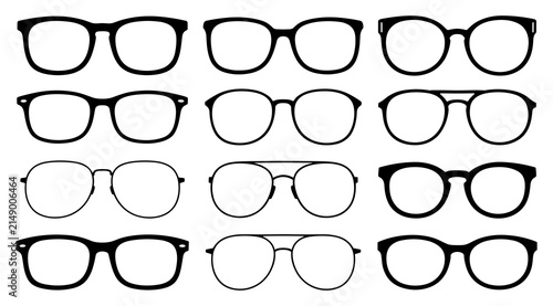 A collection of various styles of black silhouette eyeglasses frames isolated on a white background for design projects