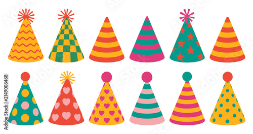 A collection of colorful party hats with various patterns including stripes polka dots stars and hearts for celebrations