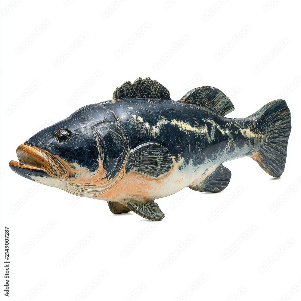 Fototapeta premium Detailed Realistic Bass Fish Toy Figurine Isolated On White Background With Textured Skin Surface