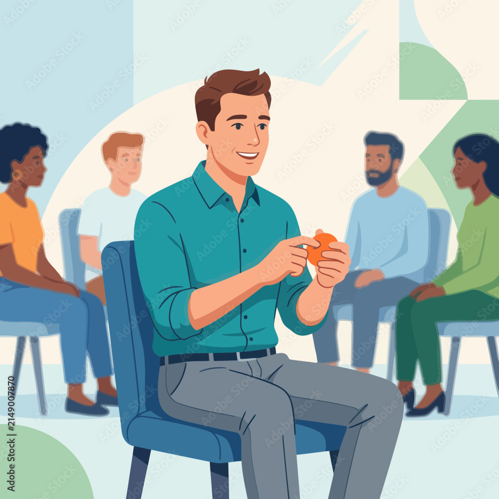 Fototapeta premium Diverse group in therapy session with facilitator holding orange, communication, support, mental health concept