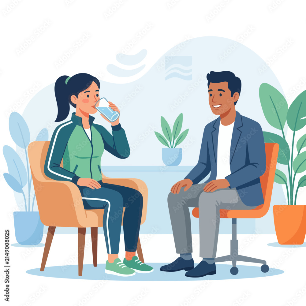 Fototapeta premium Diverse people in a modern office, one drinking water during a meeting or consultation