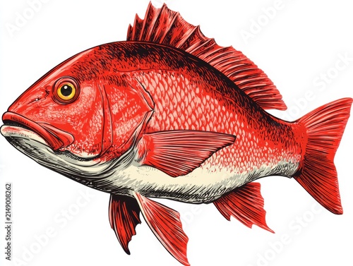 Detailed Vintage Illustration Of A Red Snapper Fish Isolated On A Plain White Background