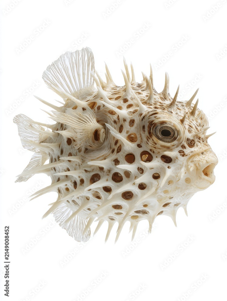 Naklejka premium Dried Pufferfish Specimen With Spikes Isolated On A Plain White Background Macro Studio Photography