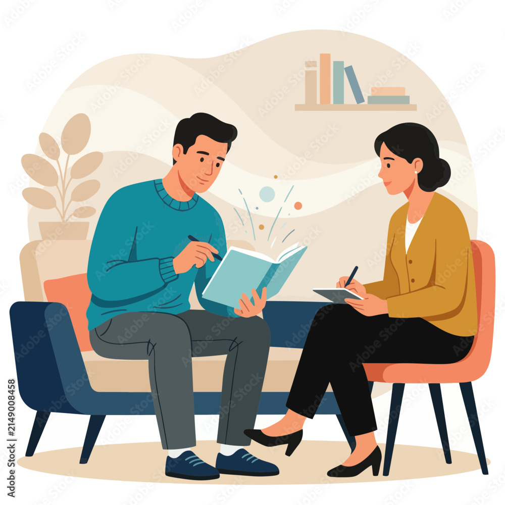 Obraz premium Psychologist session: Man reading book with therapist taking notes, mental health, therapy, learning, growth
