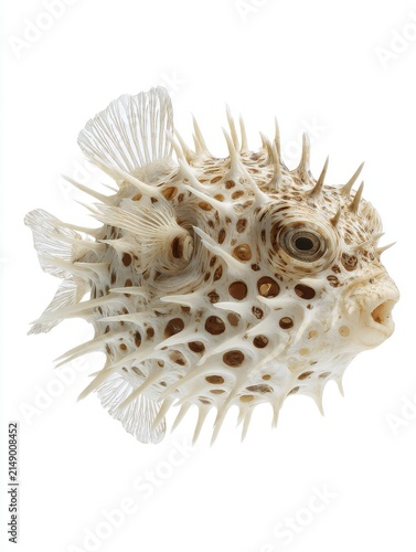 Dried Pufferfish Specimen With Spikes Isolated On A Plain White Background Macro Studio Photography