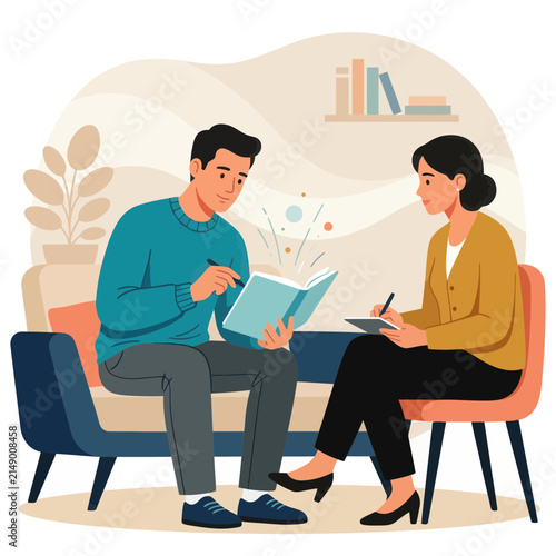 Psychologist session: Man reading book with therapist taking notes, mental health, therapy, learning, growth