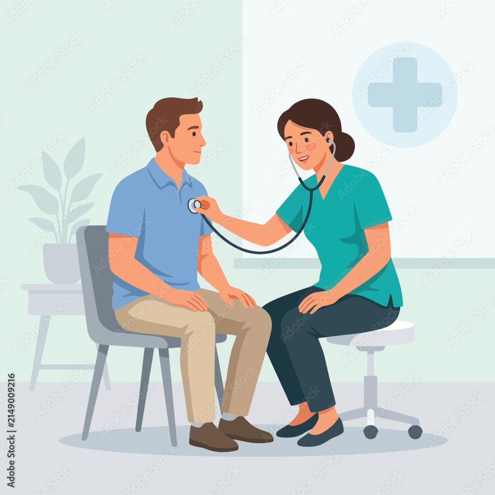 Obraz premium Doctor Examining Patient with Stethoscope in Modern Clinic, Vector Flat Illustration