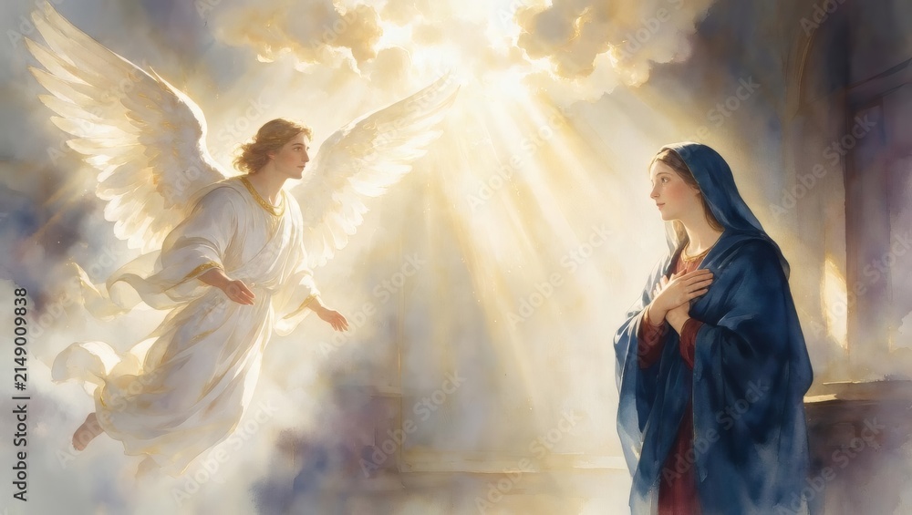 Obraz premium Angel Gabriel appearing to woman Mary. Biblical scene of the Annunciation. Divine light shining from heaven on holy person. Religious art for Christian faith and Christmas holiday.