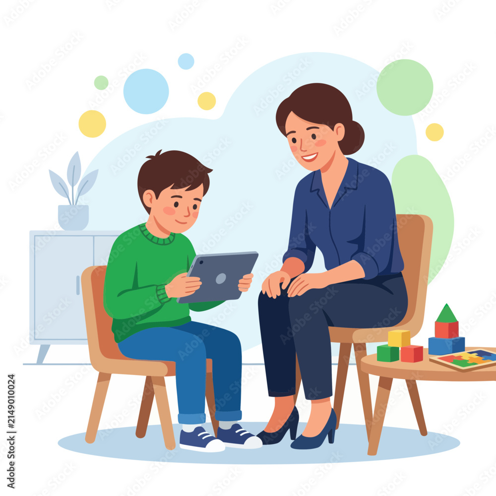 Fototapeta premium Therapist and Child Interacting with Tablet, Learning, Play Therapy, Educational Technology