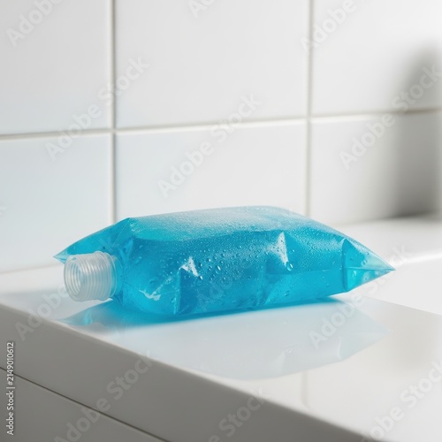 Clear Blue Gel Bottle on White Surface with Reflective Background