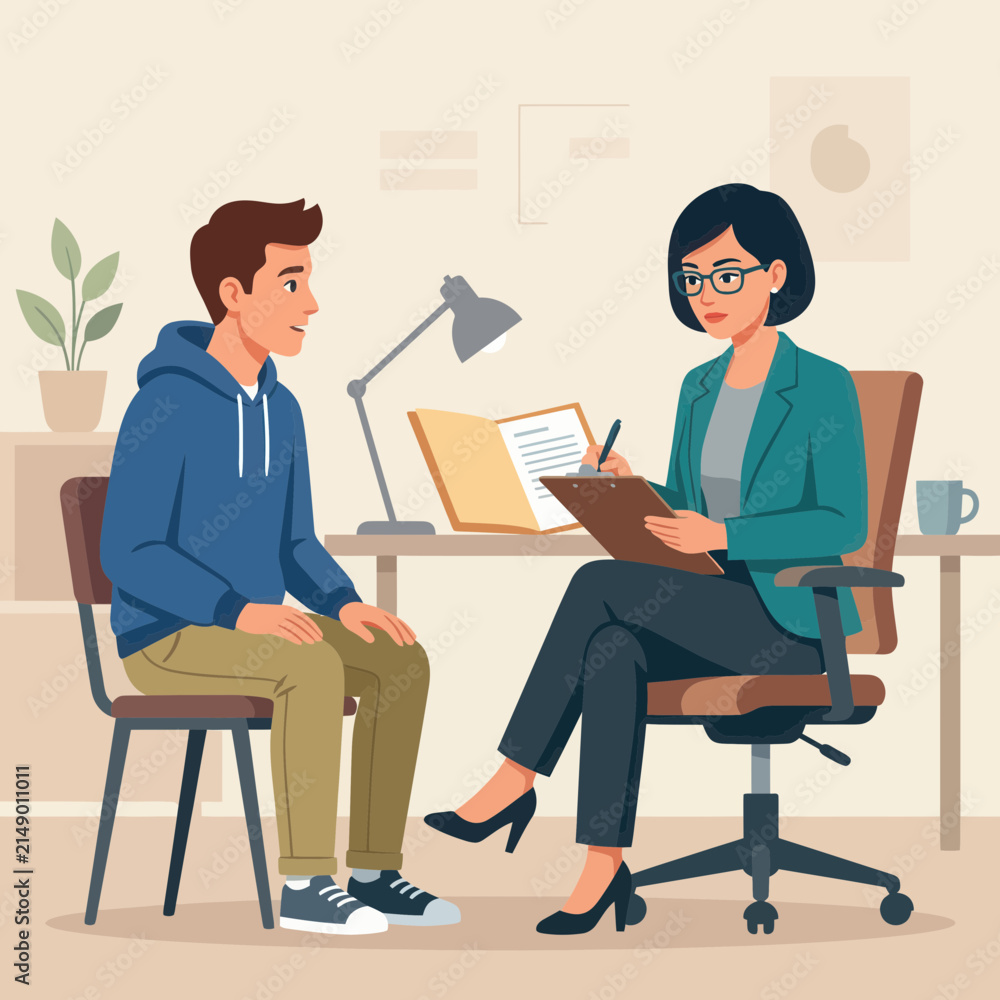 Obraz premium Psychologist consulting a young man in a modern office setting, flat design vector illustration.