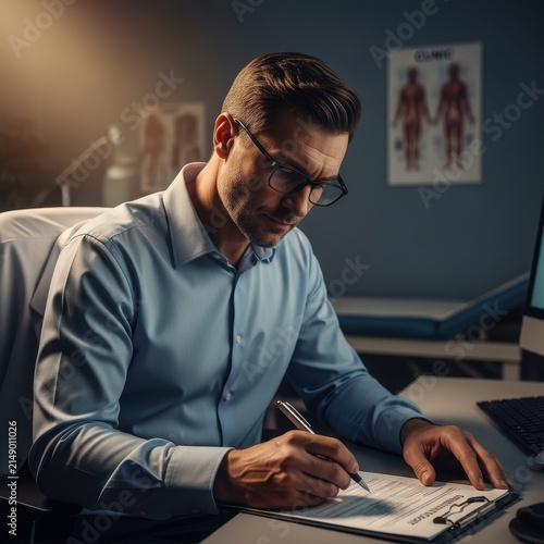 Professional Health Advisor Taking Notes in Modern Office Setting