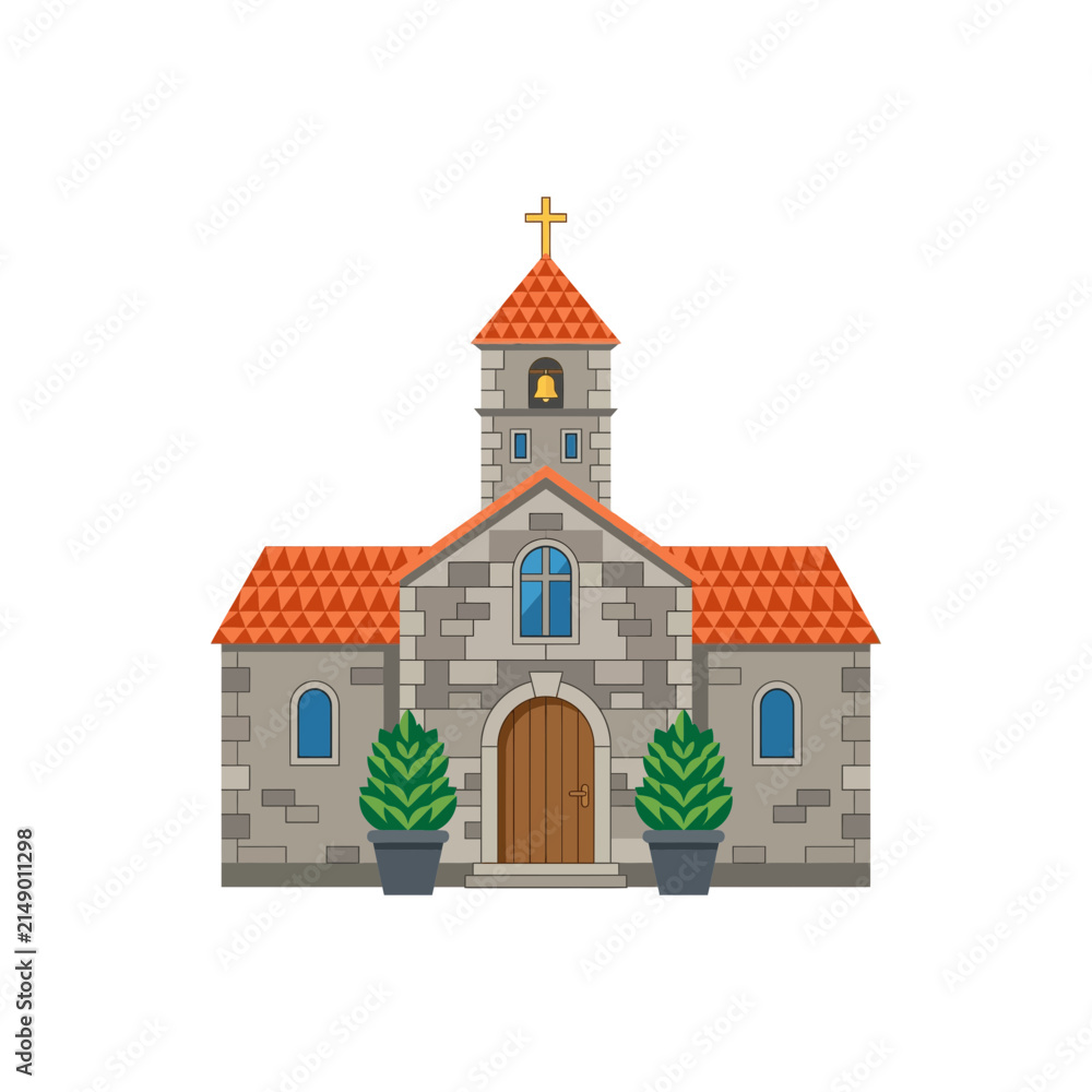 Fototapeta premium Traditional Stone Church Building With A Bell Tower And Red Tiled Roof Architectural Illustration