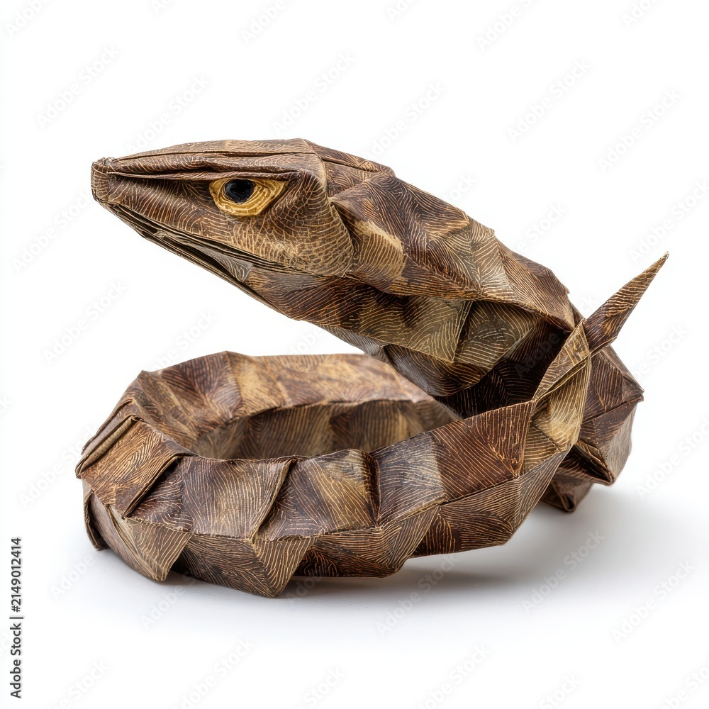 Fototapeta premium Intricate Brown Paper Origami Snake Sculpture Isolated On White Background