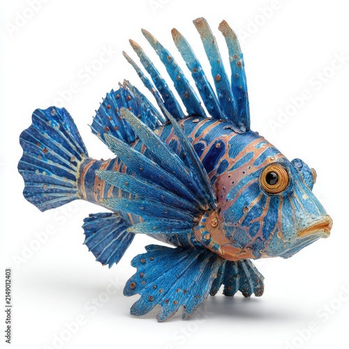 Intricate Blue Lionfish Figurine With Metallic Texture On Plain White Background