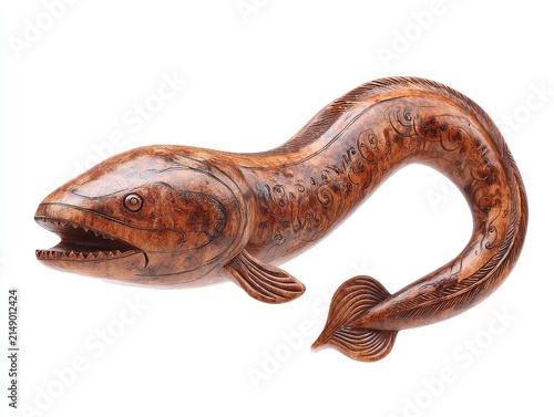 Intricate Brown Wood Carved Eel Sculpture Isolated On A Crisp White Background With Smooth Texture
