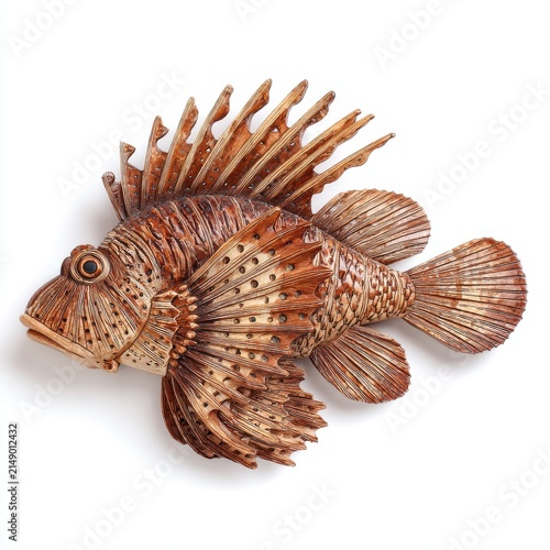 Intricate Brown Lionfish Isolated On White Background With Detailed Fins And Spiky Spines