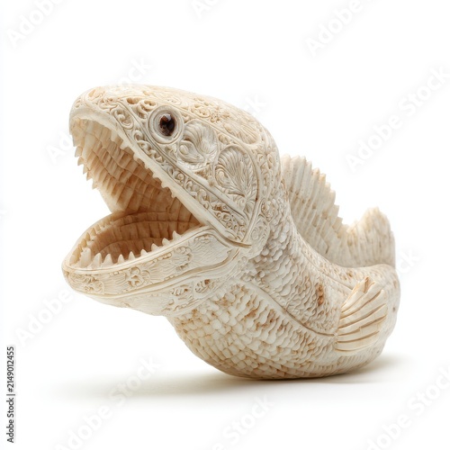 Intricate Carved Bone Eel Sculpture With Open Mouth And Detailed Texture On Plain White Background