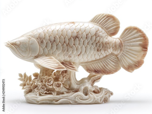 Intricate Carved Ivory Colored Arowana Fish Statue Ornament On White Background