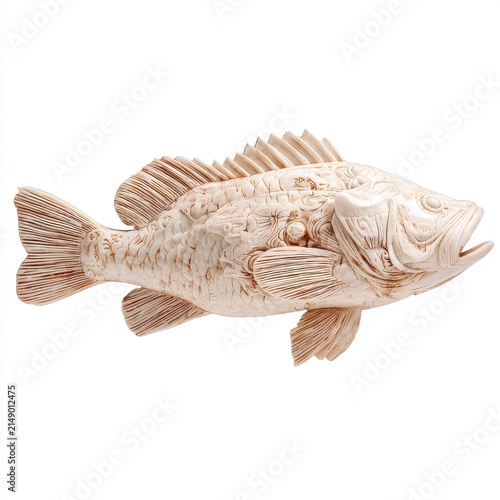 Intricate Carved Ivory Colored Fish Sculpture Isolated On A Clean White Background