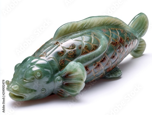 Intricate Carved Green Jade Fish Sculpture With Gold Accents On A White Studio Background