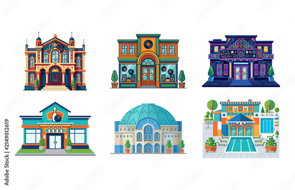 Naklejka premium Collection of Various Stylized Architectural Building Icons for Cityscape Design Elements
