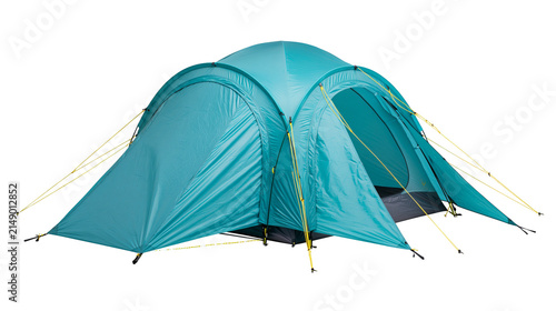 Turquoise dome tent with yellow guy lines and dark grey floor