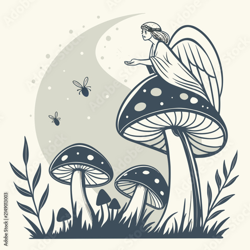 Fantasy fairy illustration sitting on giant mushrooms in monochrome style with mushroom