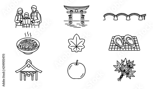 Foto Japanese autumn travel line art icon set featuring family sightseeing in Chugoku