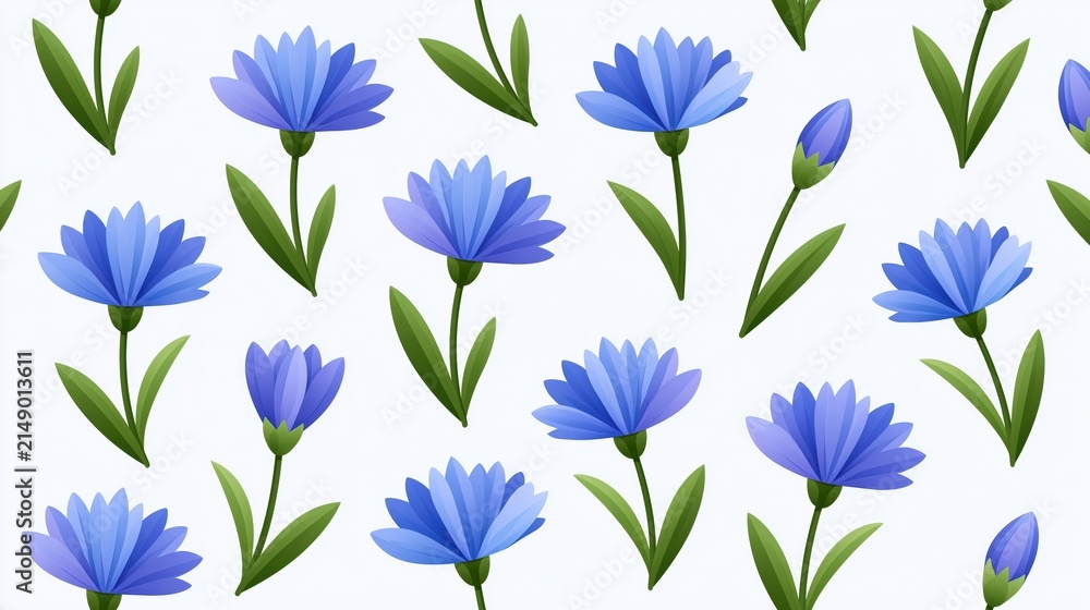 Fototapeta premium Seamless pattern of blue cornflowers on white background for decorative wallpaper and textile design illustration