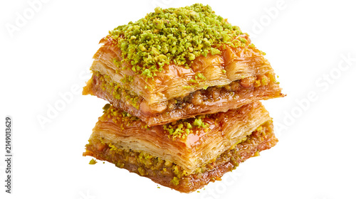 Sweet layered baklava pastry with chopped pistachios