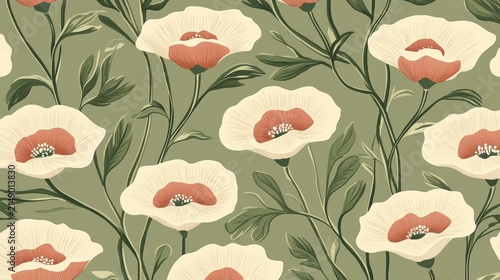 Seamless floral pattern with elegant white flowers and sage green foliage botanical wallpaper illustration for home decor backgrounds