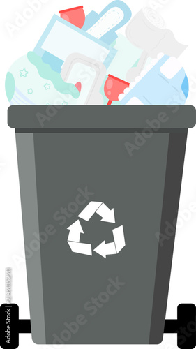 Overfilled recycling bin with feminine hygiene products. Menstrual waste and environmental impact illustration.