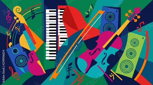 Deconstructed Classical Symphony Abstract Music Background with Pianos and Speakers