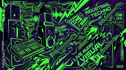 Flat illustration of an exciting abstract music background, cyberpunk industrial techno aesthetic, sharp jagged shapes, futuristic audio speakers, digital synthesizers and electric guitars