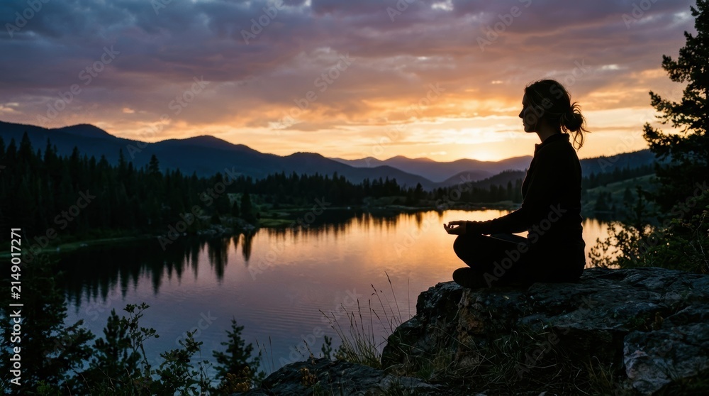 Fototapeta premium Silhouette of a person finding mental peace in quiet nature, meditative practice by a serene mountain lake at golden sunset.