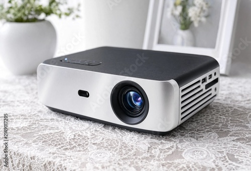 Modern multimedia projector on white table for business presentations, office meetings, education, training, conferences, home cinema, digital projection, and audiovisual communication.