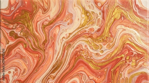Abstract Fluid Art Swirls of Coral Gold and White.
