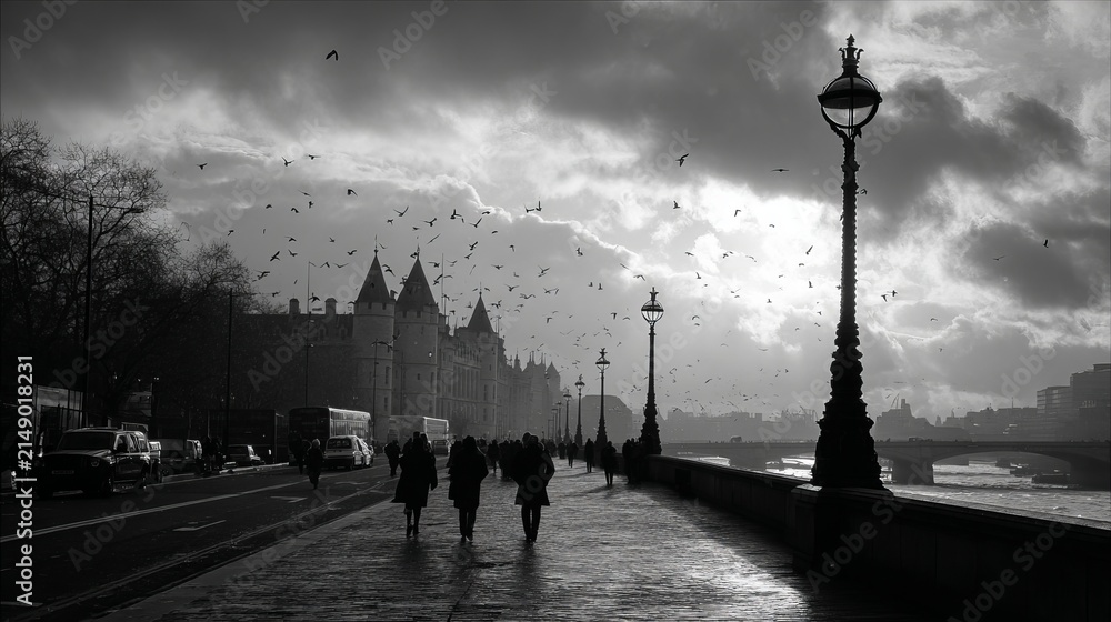 Obraz premium Eerie London cityscape with silhouettes and dramatic sky.
