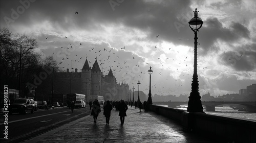 Eerie London cityscape with silhouettes and dramatic sky.