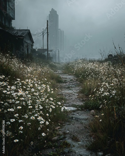 Eerie Path Through Overgrown Field Leading to Distant City.