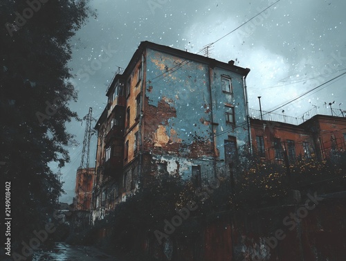 Gloomy Building Facade Under a Cloudy Sky.