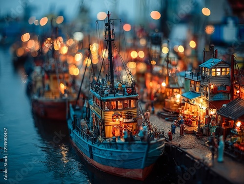 Miniature harbor scene with illuminated buildings and boats at night.