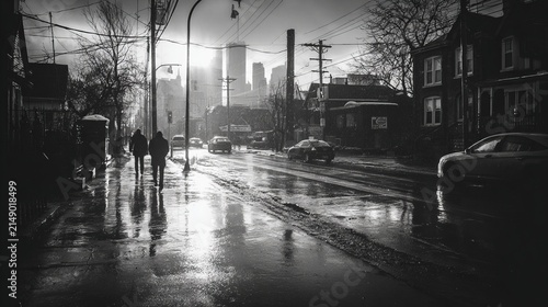 Monochrome Cityscape - Reflections on a Wet Urban Street.